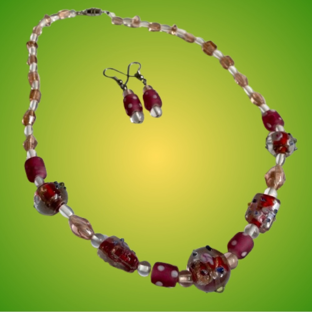 Gorgeous vtg Murano style art glass wedding cake & polka dots choker & earrings